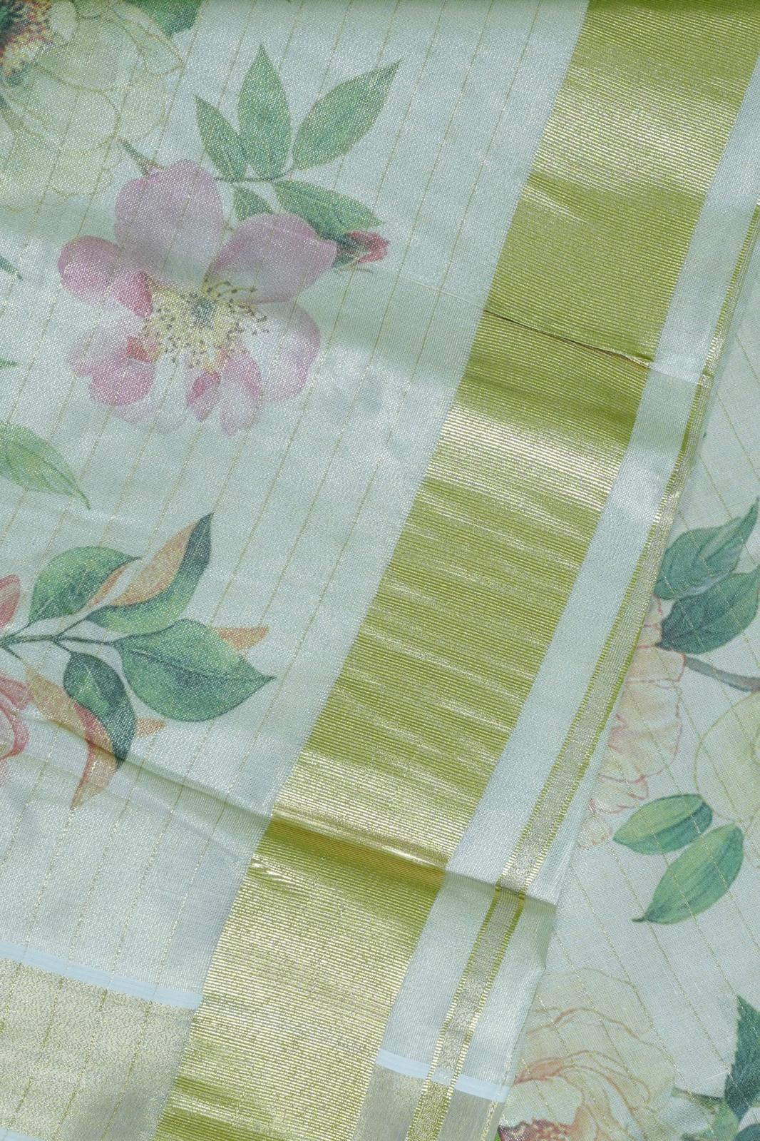 Saree - Gold Kasavu with Digital Flower Print