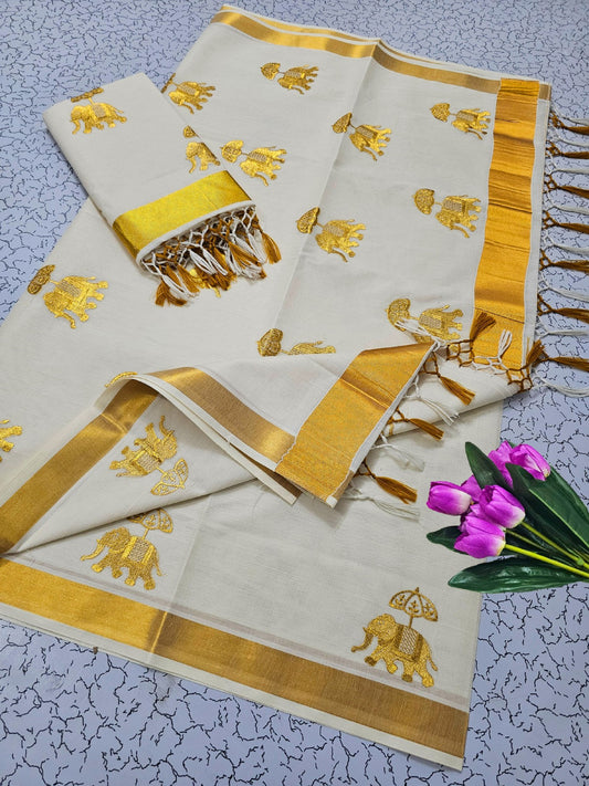 Cotton Saree - Gold Kasavu with Embroidery
