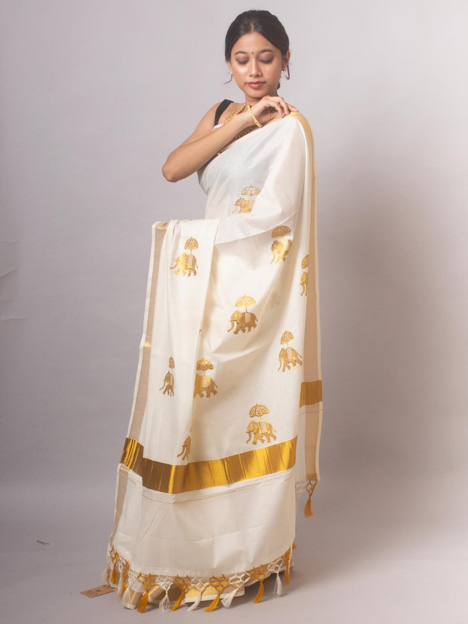 Cotton Saree - Gold Kasavu with Embroidery