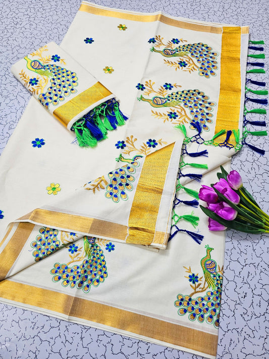 Cotton Saree - Gold Kasavu with Embroidery