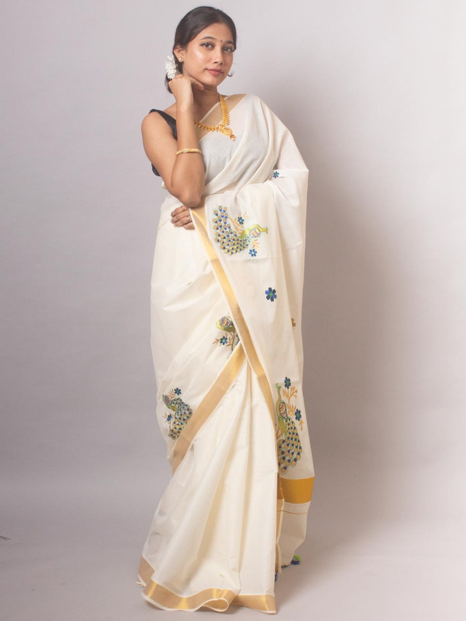 Cotton Saree - Gold Kasavu with Embroidery