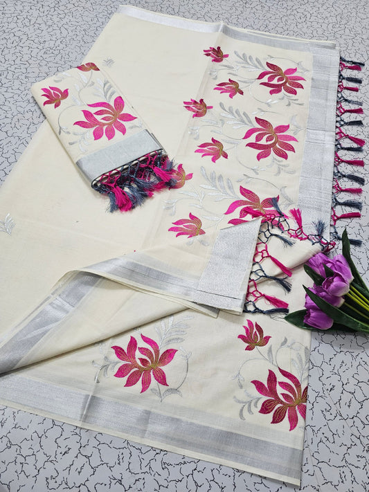 Cotton Saree - Silver Kasavu with Embroidery