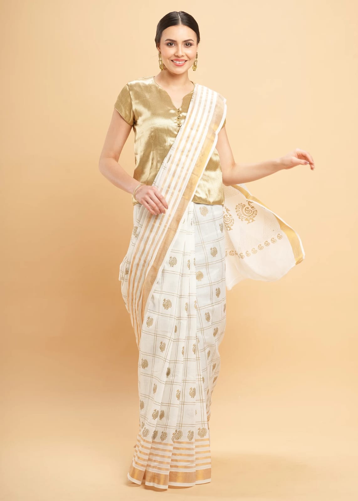 Cotton Saree - Gold Border with Printed Body