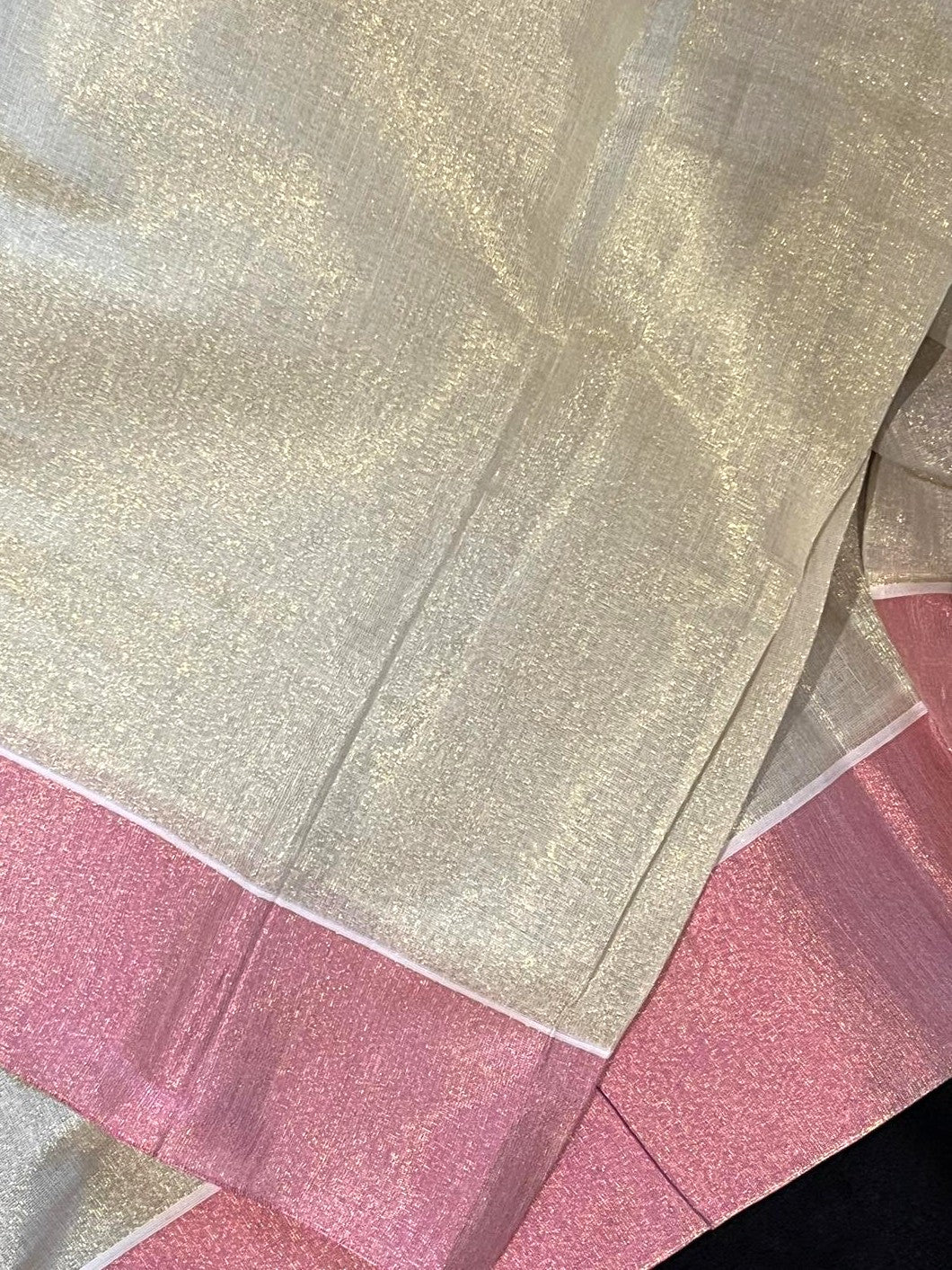 Tissue Saree - Gold & Pink with Print along Border & Tassels
