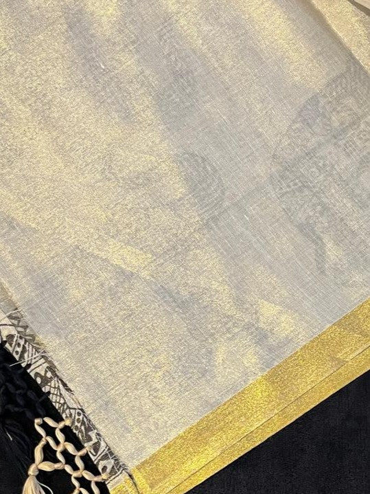 Tissue Saree - Gold Kasavu with Prints along Border & Tassels