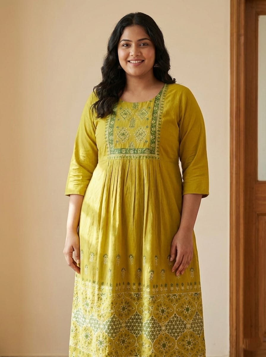 Olive Green Anarkali Style Cotton Kurta/Dress (Size XXL/44)