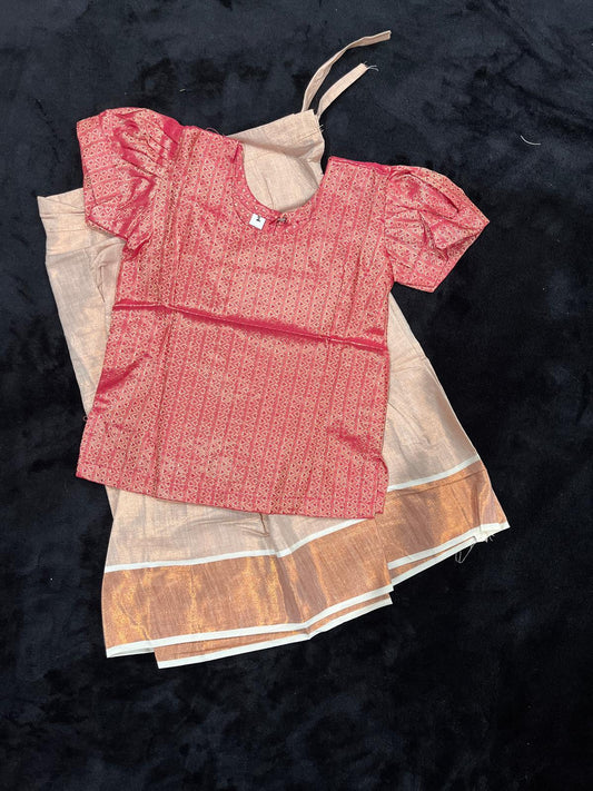 Skirt & Blouse for 2 Year Old - Rose-orange pastel kasavu