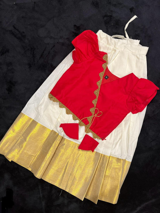 Fancy Red Blouse & Kasavu Skirt