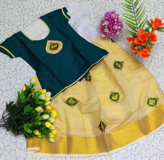 Skirt & Blouse for 3 Year Old - Bottle Green & Gold