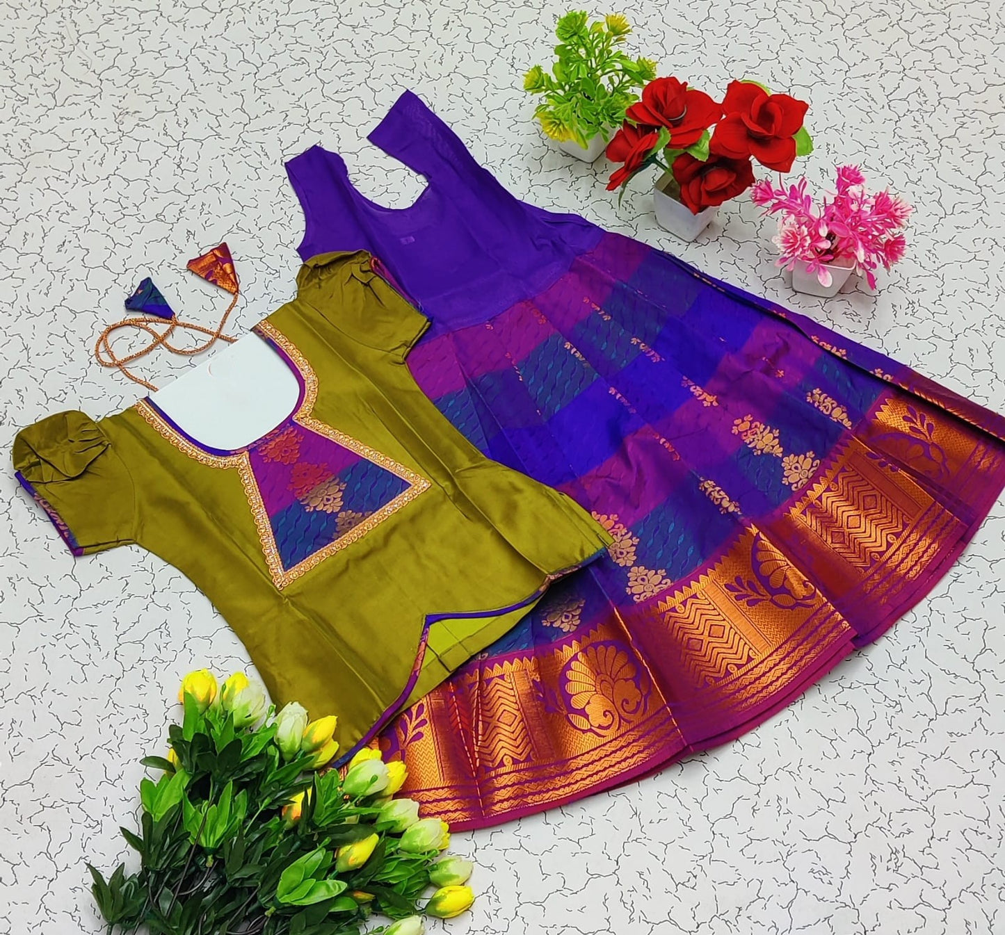 Skirt & Blouse for 4 Year Old - Olive Green & Purple