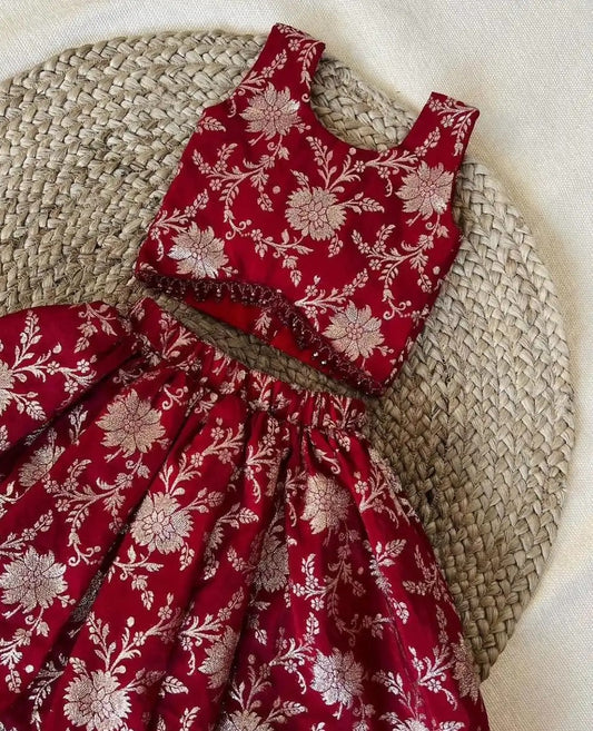 Skirt & Blouse for 1 year old - Maroon Tafetta Silk