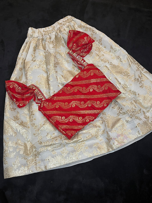 Banarasi Skirt & Blouse for 3 Year Old - Red & Gold