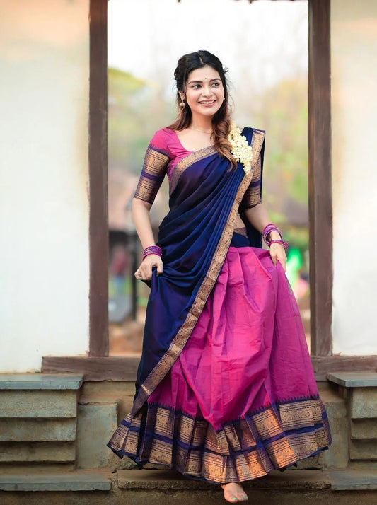 Davani with Stitched Blouse (Size 32) - Pink & Navy Blue with Copper Zari