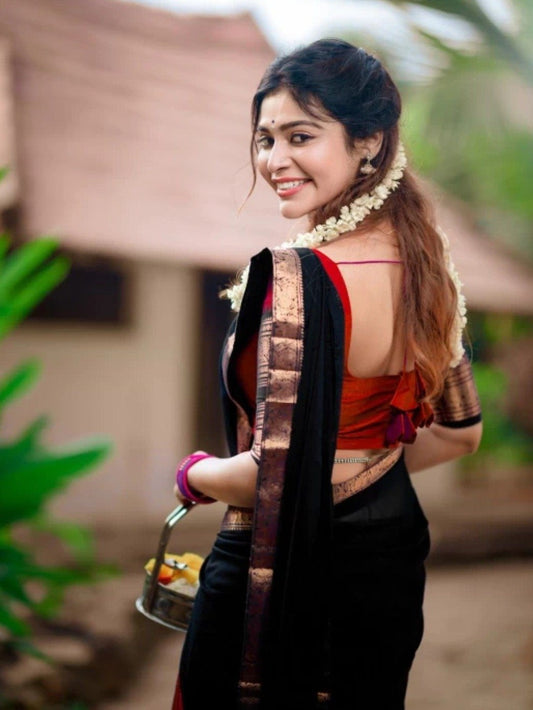 Davani with Stitched Blouse (Size 32) - Red & Black with Copper Zari