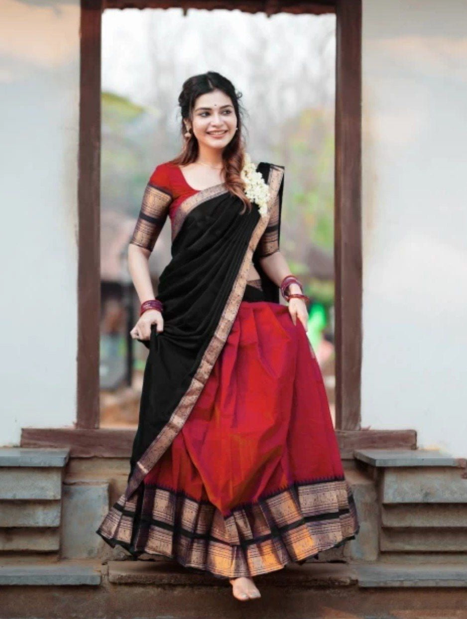 Davani with Stitched Blouse (Size 32) - Red & Black with Copper Zari
