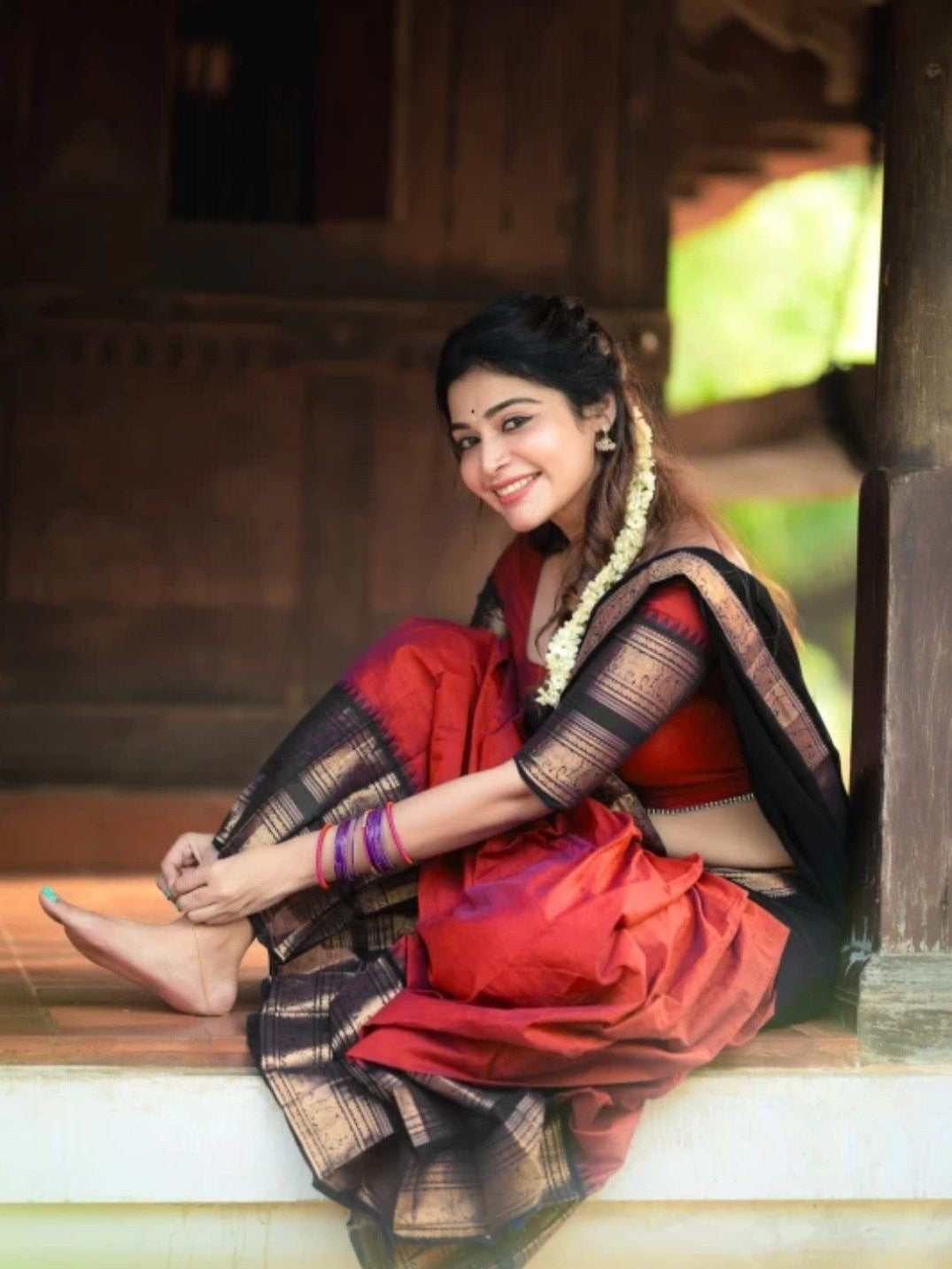 Davani with Stitched Blouse (Size 32) - Red & Black with Copper Zari