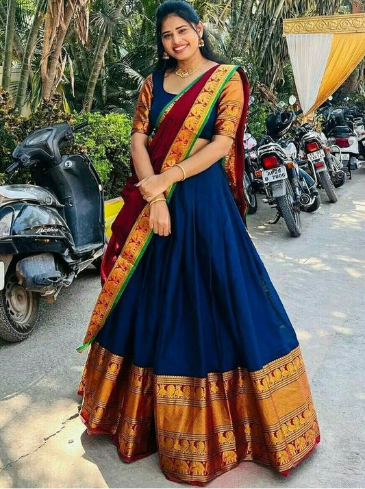 Davani with Stitched Blouse (Size 34) - Blue & Maroon with Gold Zari