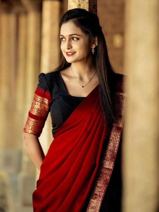 Davani with Stitched Blouse (Size 34) - Black & Maroon with Gold Zari