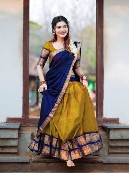 Davani with Stitched Blouse (Size 34) - Dark Mustard & Navy Blue with Copper Zari