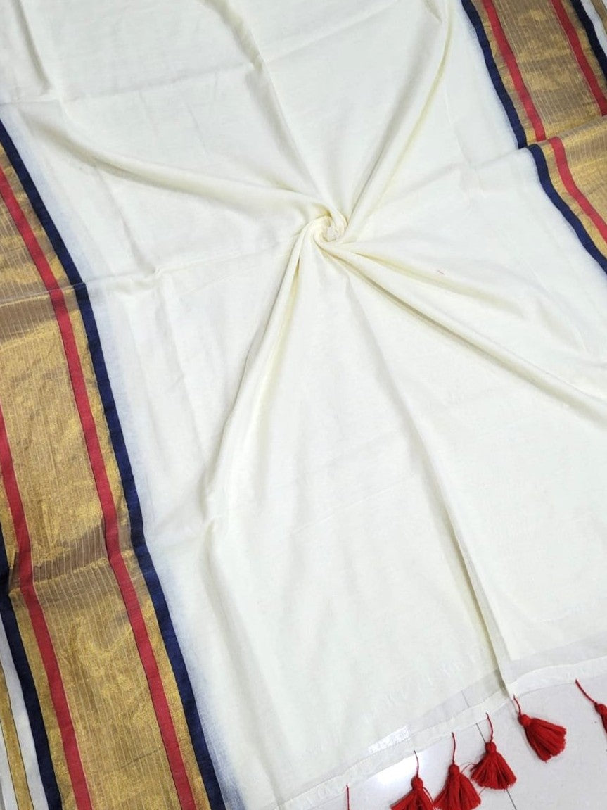 Classic Charm: Tri-Color Border Mul Cotton Saree