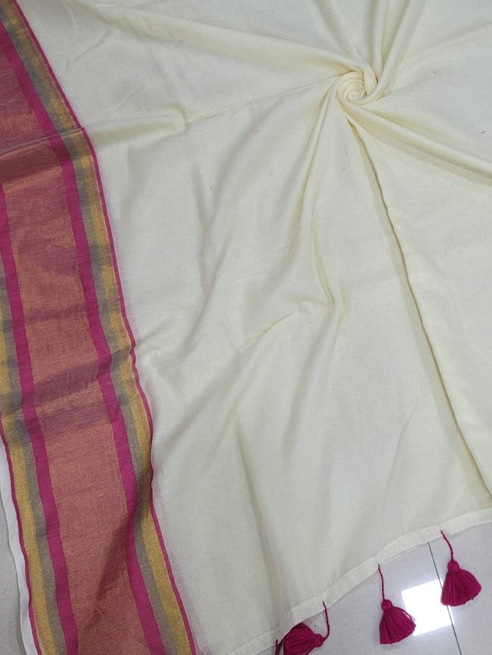 Blossom Breeze: Handpicked Pink & Gold Striped Mul Cotton Saree