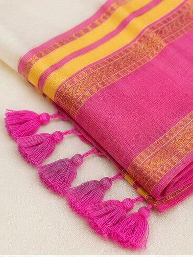 Vibrant Heritage: Off-White Mul Cotton Saree with Rani Pink & Yellow Kanchi Borders