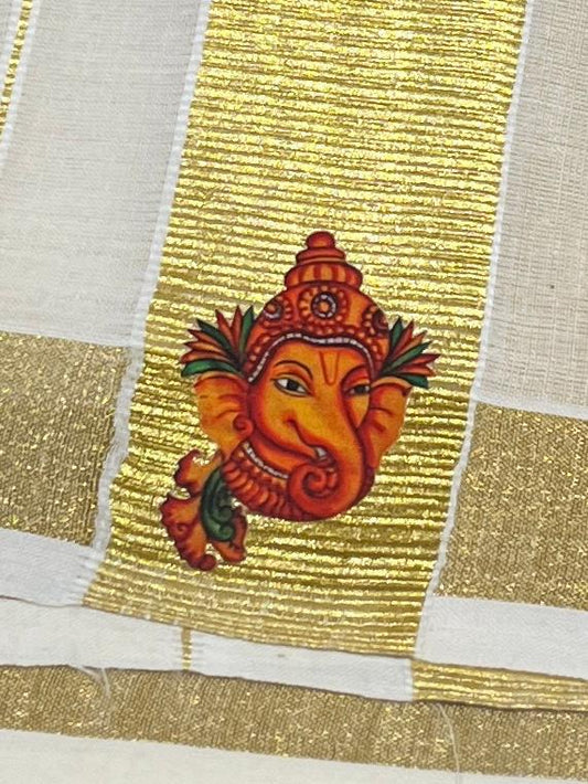 Kasavu Mundu - Gold Border with Ganesha Print
