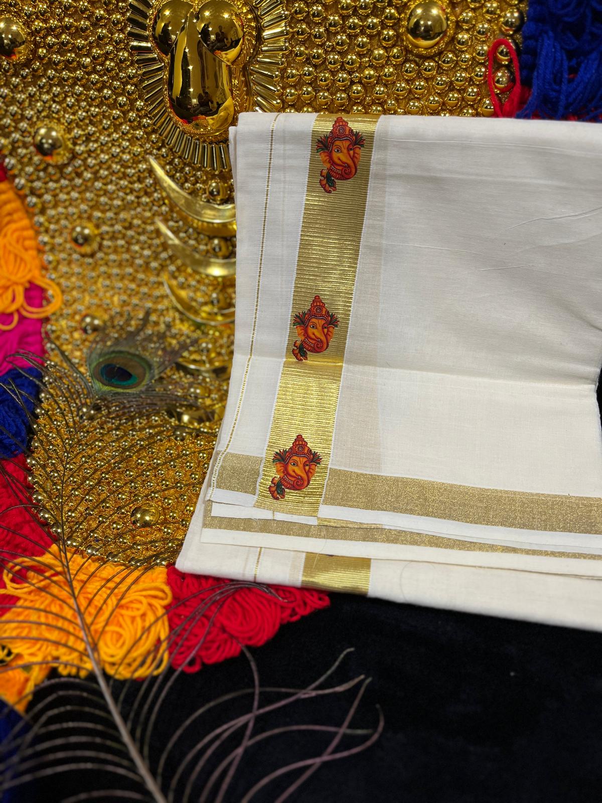 Kasavu Mundu - Gold Border with Ganesha Print