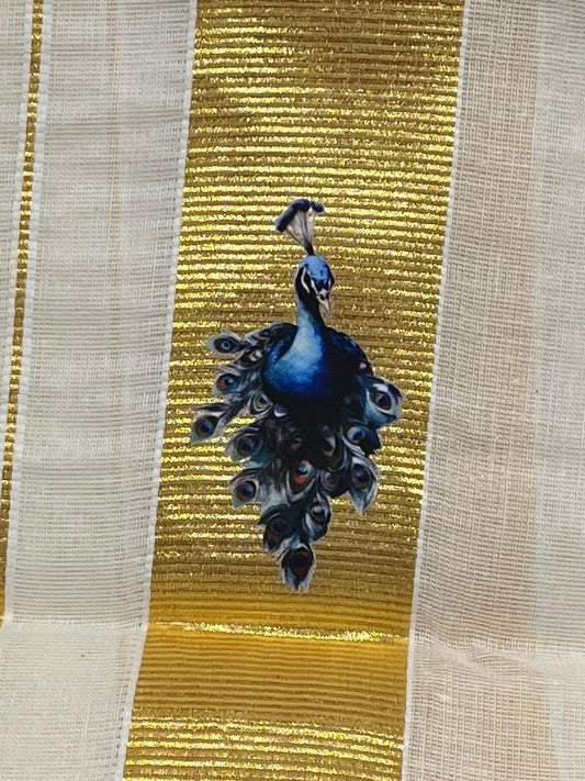 Kasavu Mundu - Gold Border with Peacock Print