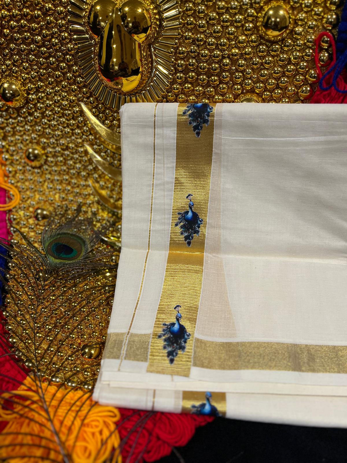 Kasavu Mundu - Gold Border with Peacock Print
