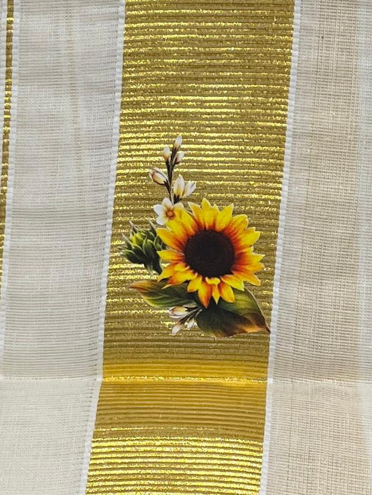 Kasavu Mundu - Gold Border with Sunflower Print