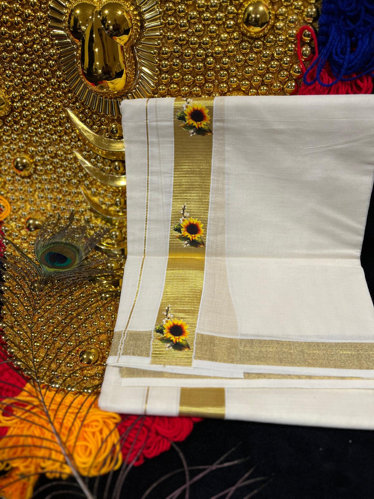 Kasavu Mundu - Gold Border with Sunflower Print