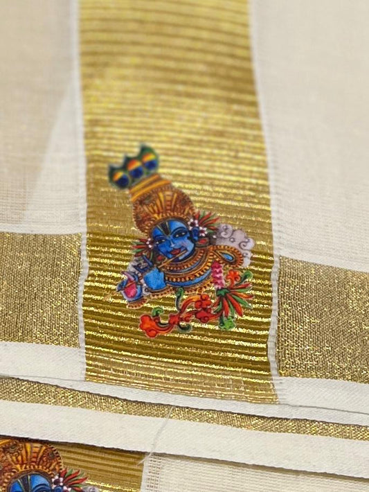 Kasavu Mundu - Gold Border with Krishna Print