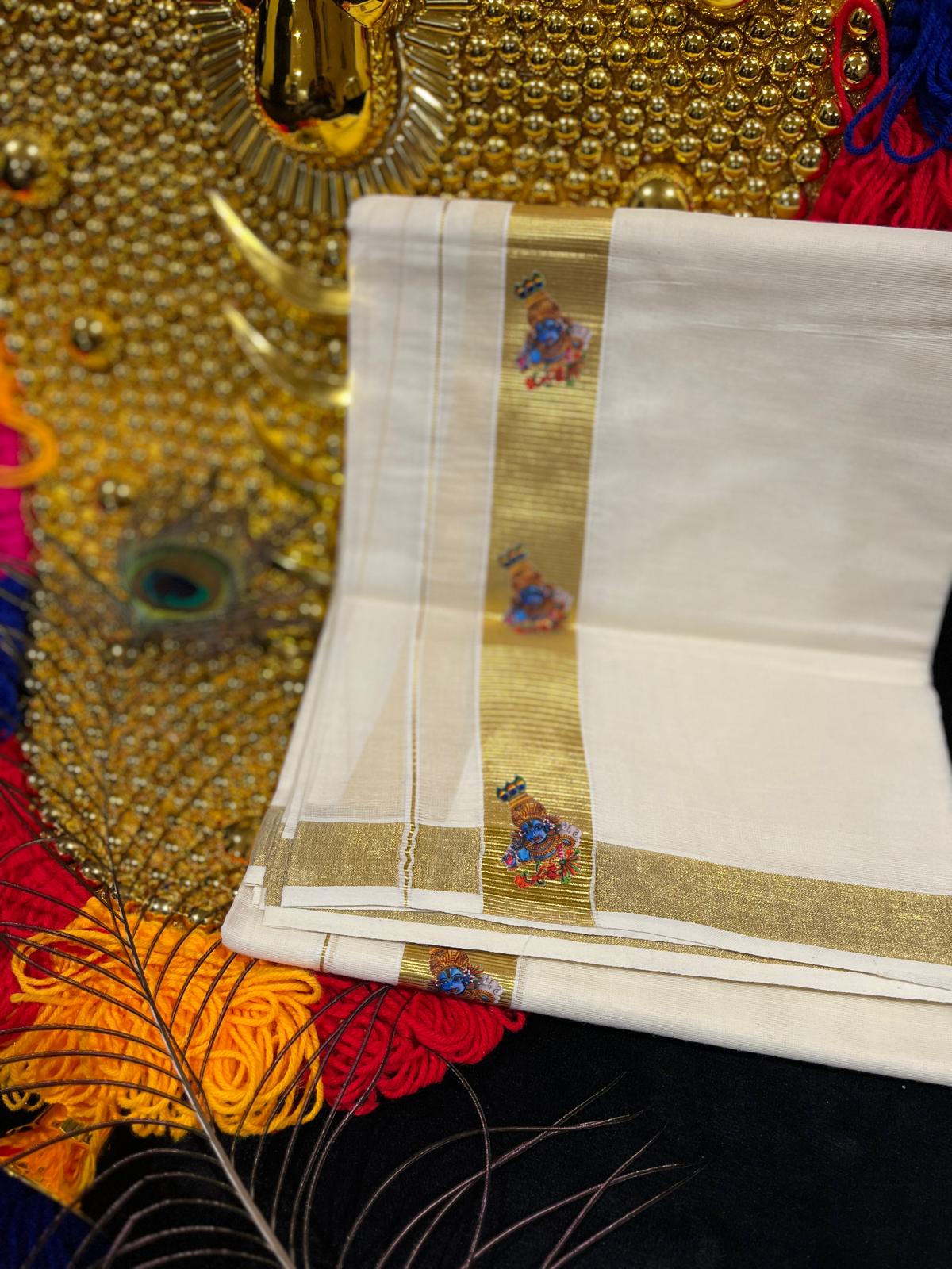 Kasavu Mundu - Gold Border with Krishna Print