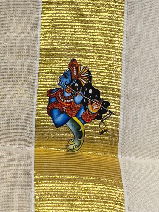 Kasavu Mundu - Gold Border with Krishna Print