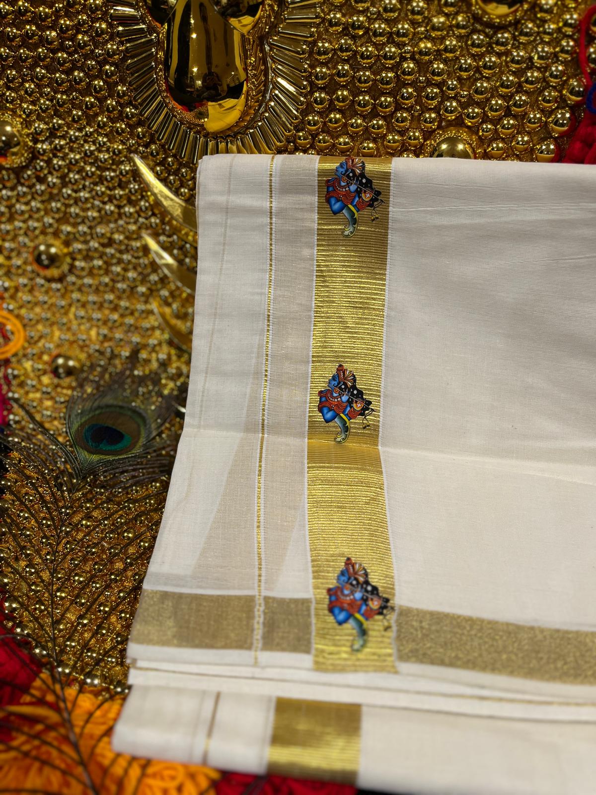 Kasavu Mundu - Gold Border with Krishna Print