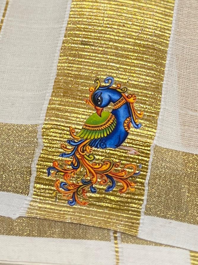 Kasavu Mundu - Gold Border with Peacock Print