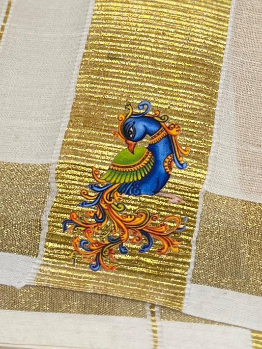 Kasavu Mundu - Gold Border with Peacock Print
