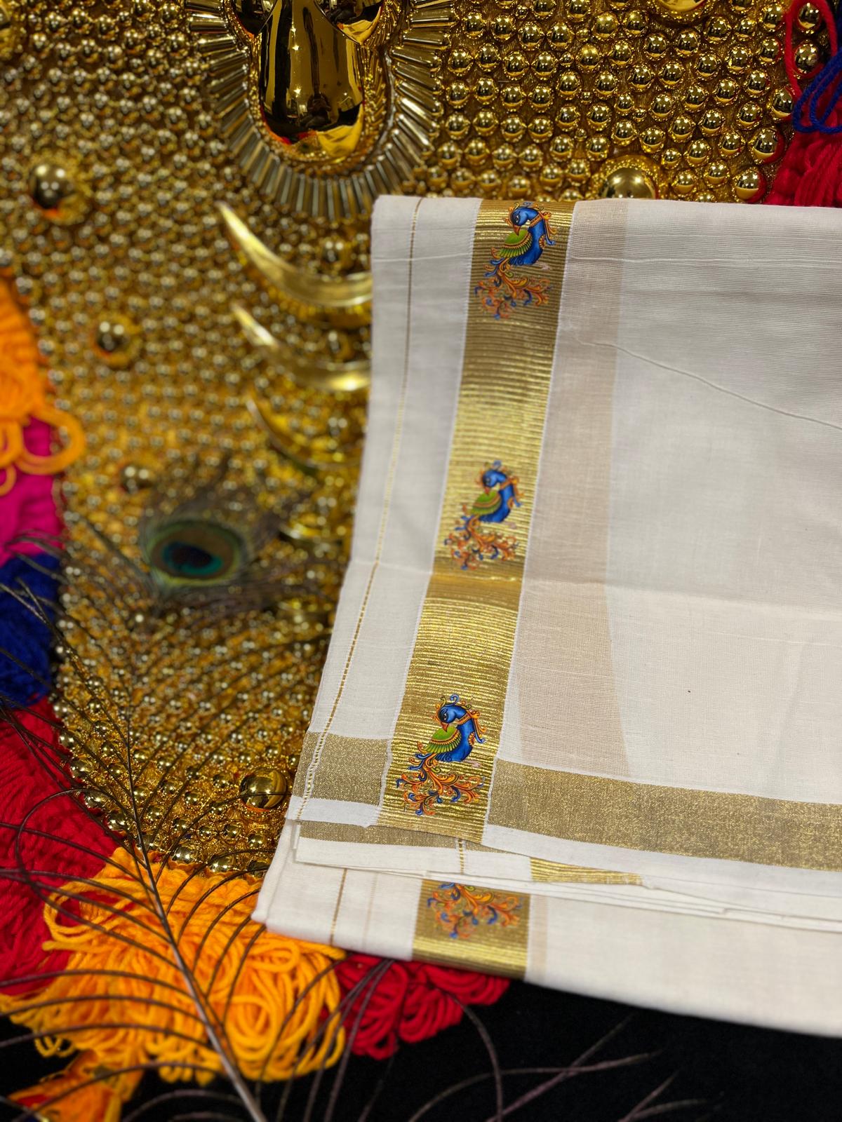 Kasavu Mundu - Gold Border with Peacock Print