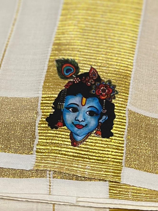 Kasavu Mundu - Gold Border with Krishna Print