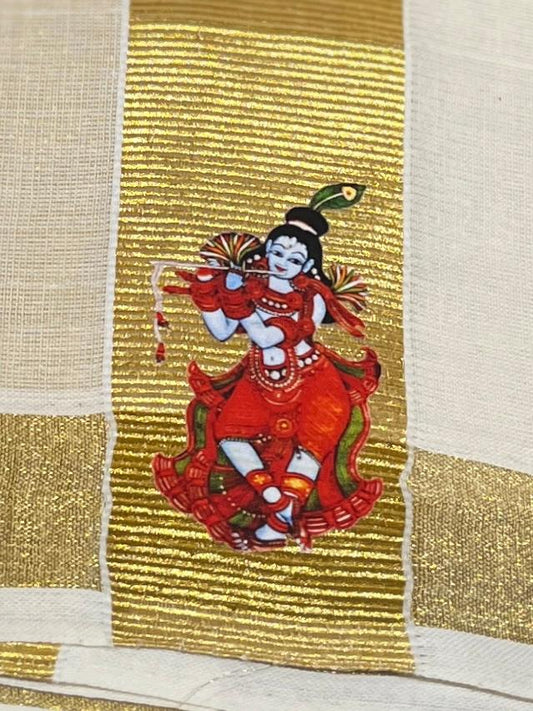 Kasavu Mundu - Gold Border with Krishna Print