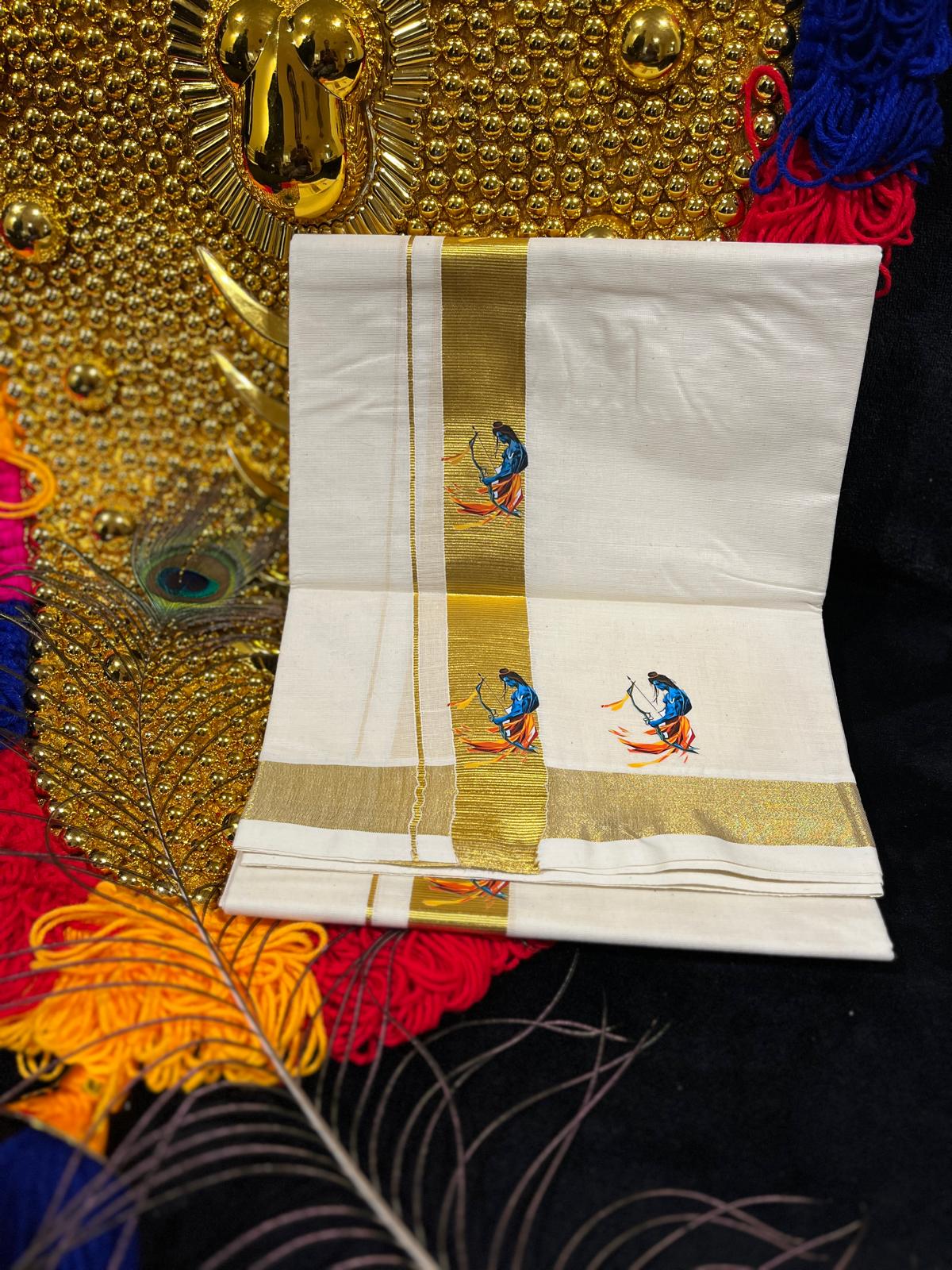 Kasavu Mundu - Gold Border with Rama Print