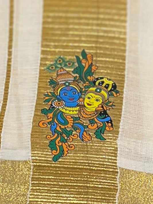 Kasavu Mundu - Gold Border with RadhaKrishna Print
