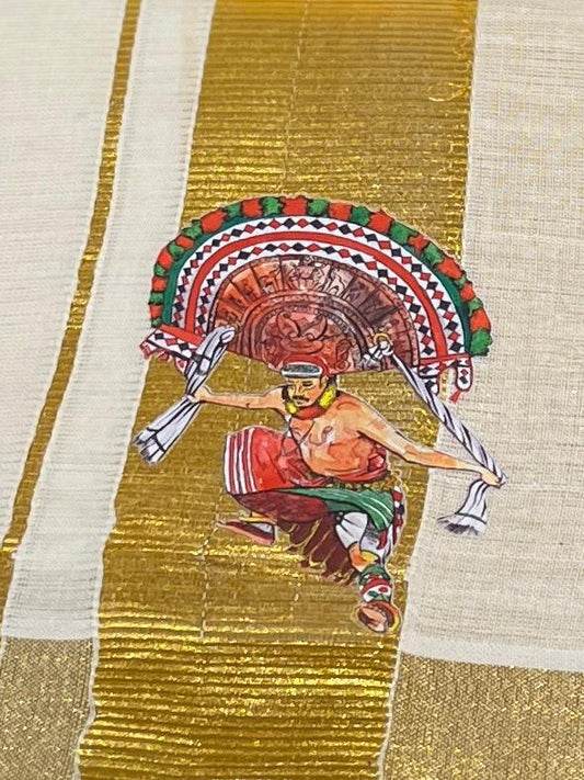 Kasavu Mundu - Gold Border with Thirayattam Print