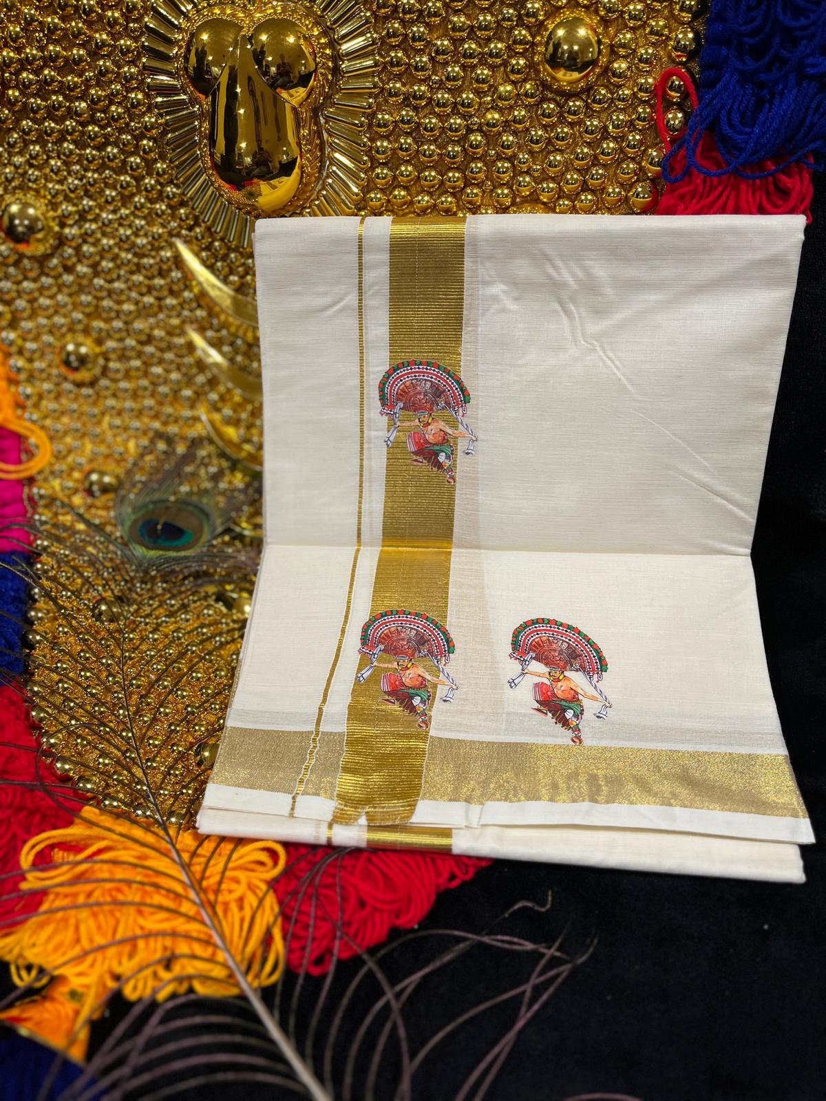 Kasavu Mundu - Gold Border with Thirayattam Print