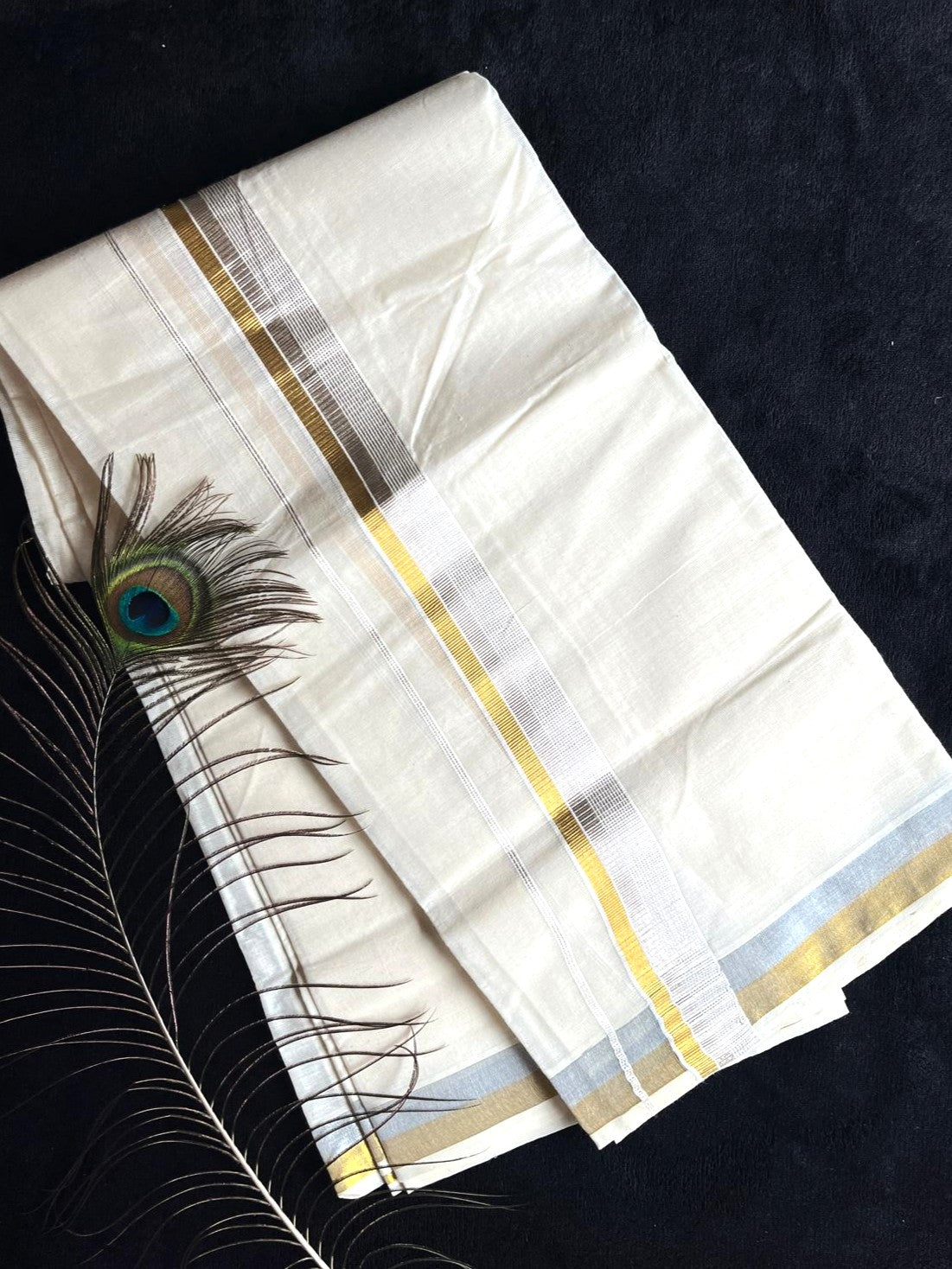 Off-white/cream Kasavu Mundu - Gold & Silver Border