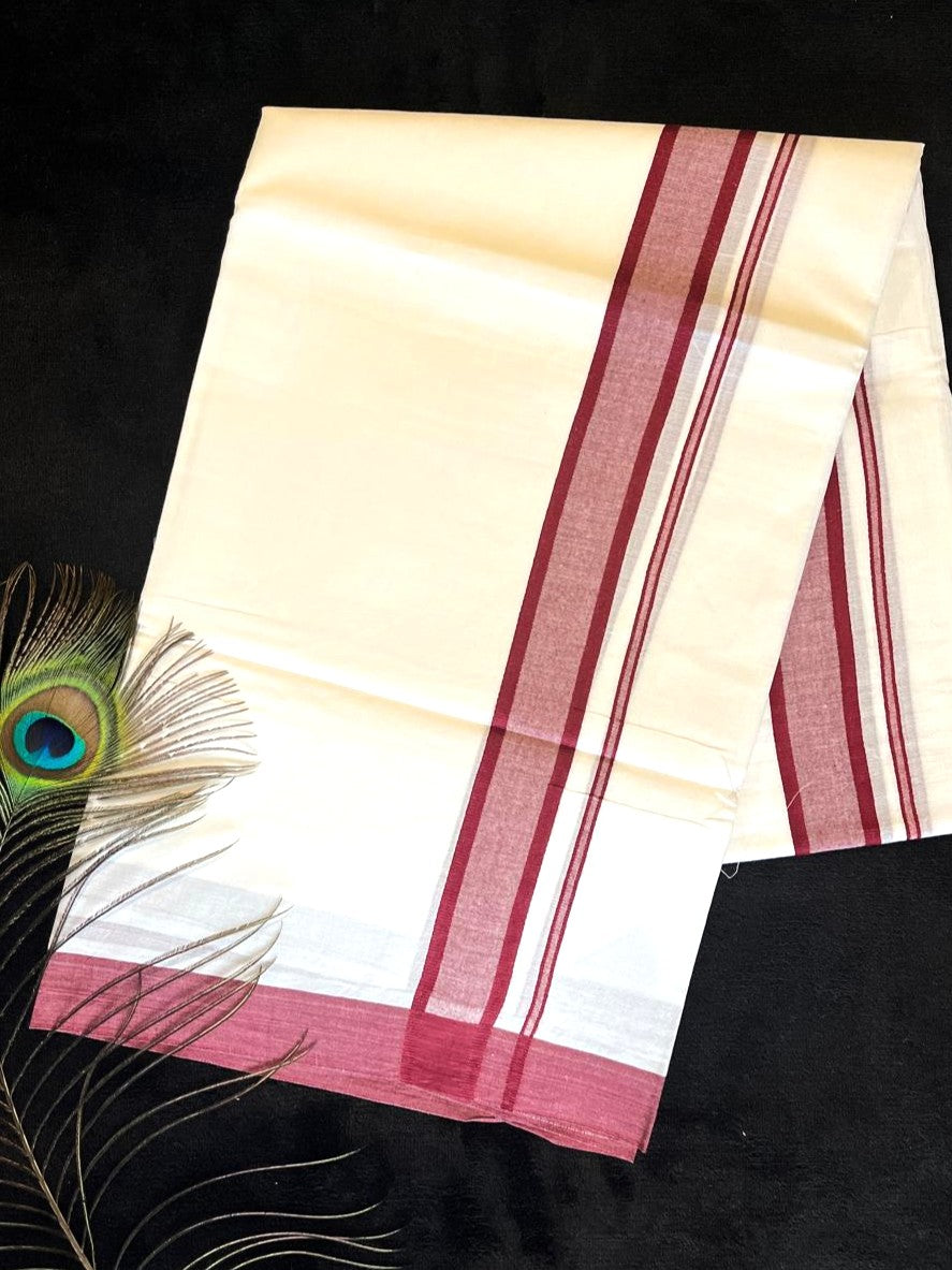 Bleached/white Cotton Double Mundu - Wine Red