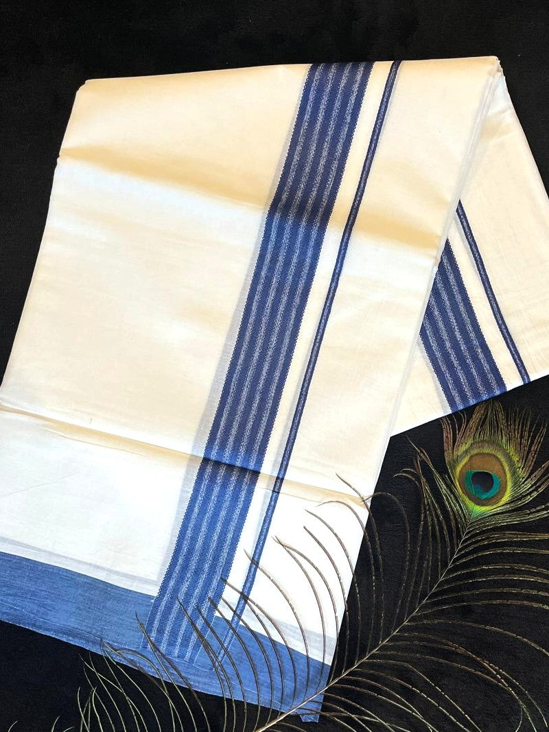 Bleached/white Cotton Double Mundu - Blue