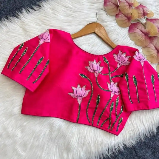 Silk Blouse with Lotus Print & Bugle Beadwork