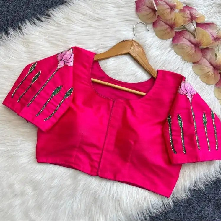 Silk Blouse with Lotus Print & Bugle Beadwork